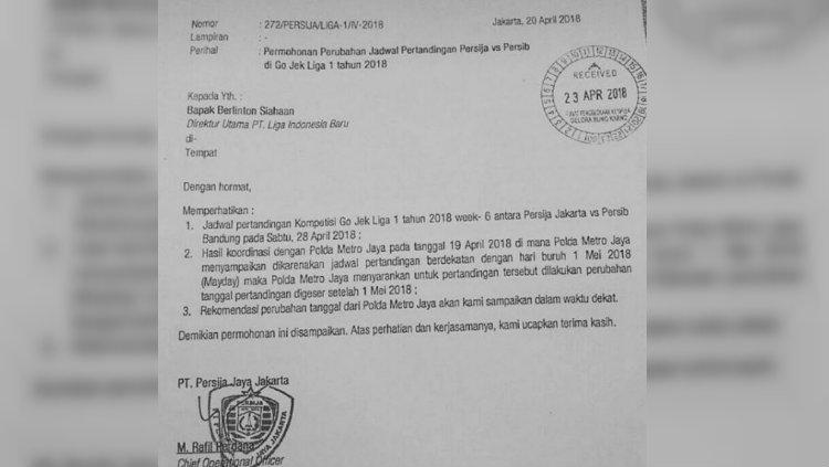 Surat pemberitahuan laga Persija vs Persib yang ditunda. Copyright: Istimewa