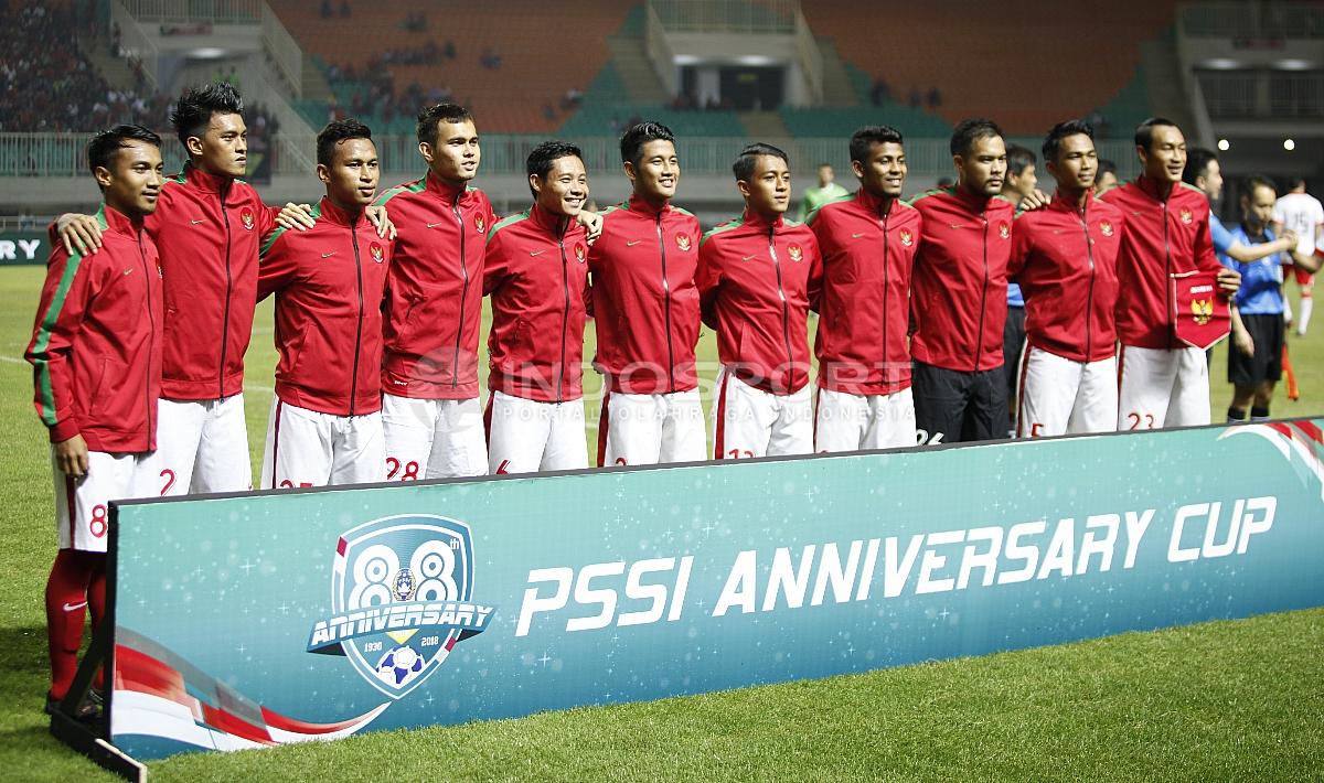 Skuat Timnas Indonesia saat melawan Bahrain di ajang Anniversary Cup 2018.