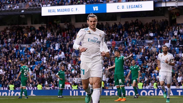 Gareth Bale merayakan gol yang dicetaknya ke gawang Leganes.