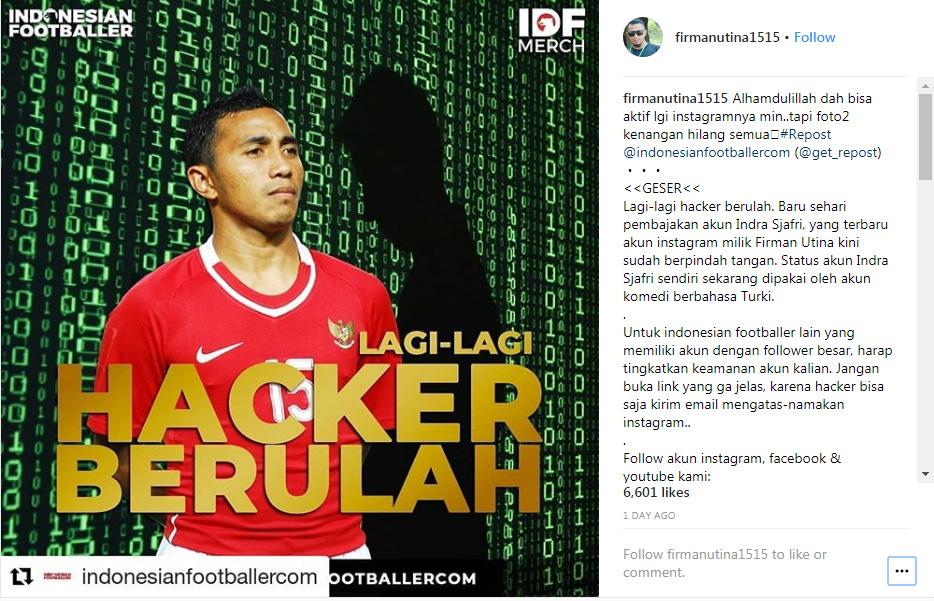Instagram Firman Utina kembali setelah di hack orang tak dikenal Copyright: instagram@firmanutina1515