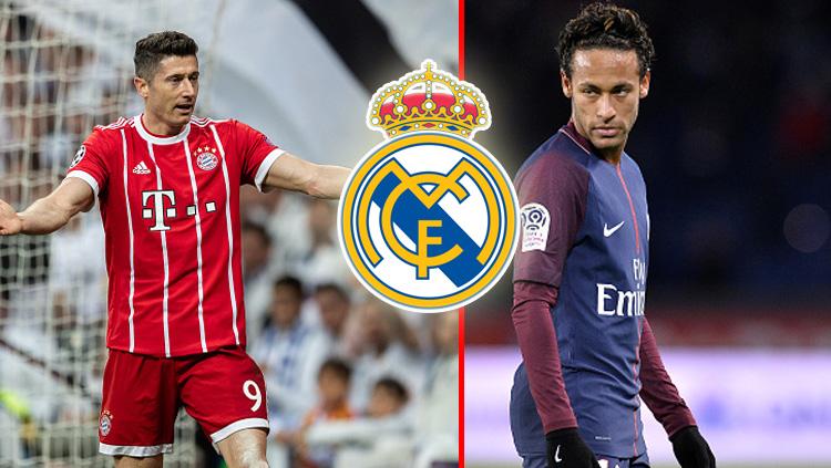 Striker Bayern Munchen, Robert Lewandowski dan striker PSG, Neymar Jr. kerap disandingkan dengan Real Madrid. - INDOSPORT