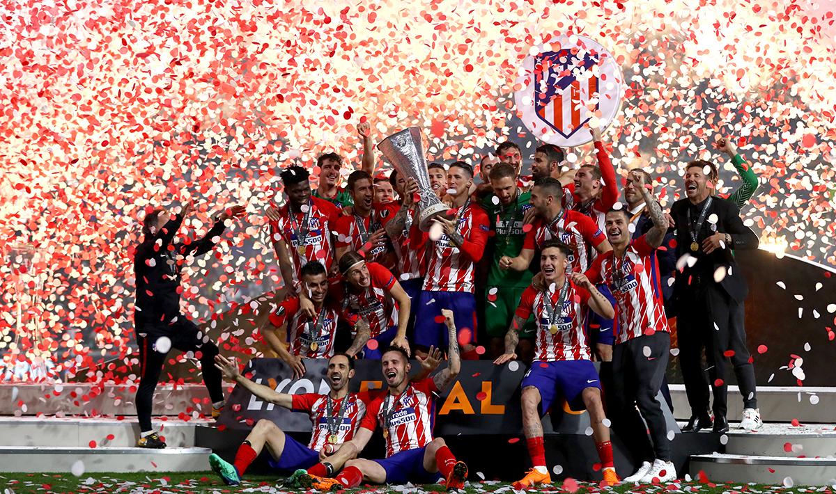 Kemeriahan pemain Atletico Madrid keluar sebagai juara Liga Europa musim ini.