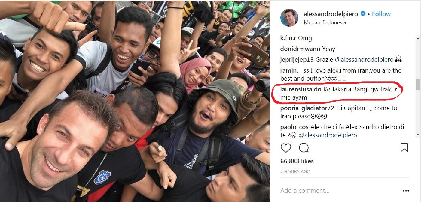 Del Piero ucapkan terima kasih atas sambutan warga Medan. Copyright: Instagram/@alessandrodelpiero