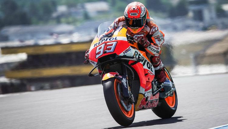 Pembalap Repsol Honda Marc Marquez dalam sesi kualifikasi MotoGP Prancis 2018. - INDOSPORT