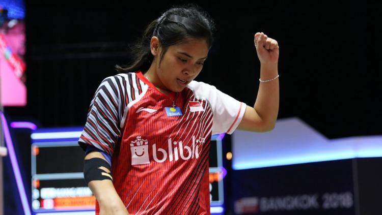 Gregoria Mariska Tunjung dalam laga Piala Uber 2018 melawan Malaysia.