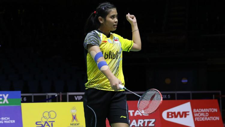 Gregoria Mariska Tunjung dalam laga Piala Uber 2018.