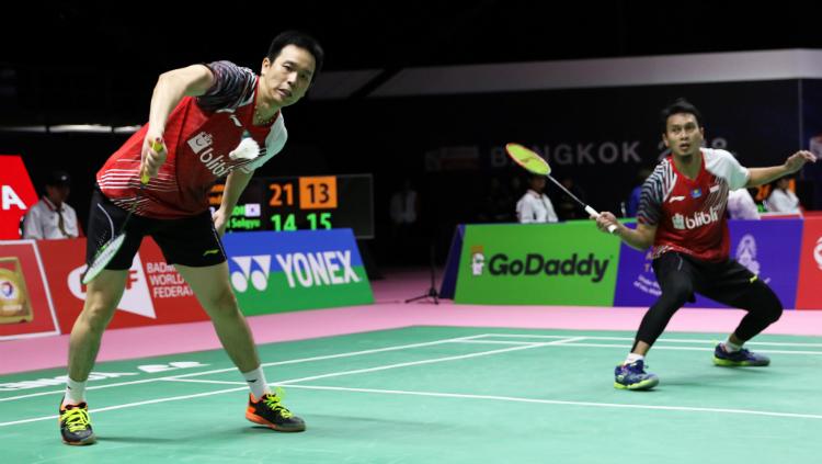 Hendra Setiawan/Mohammad Ahsan di Piala Thomas 2018.