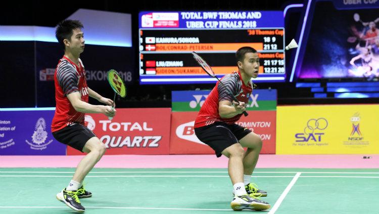 Kevin Sanjaya/Marcus Gideon taklukkan Liu Cheng/Zhang Nan.