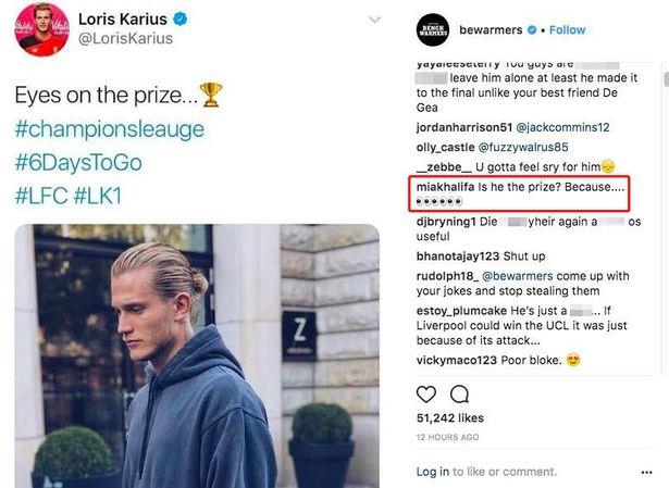 Mia Khalifa memberikan dukungan kepada Lloris Karius Copyright: www.mirror.co.uk