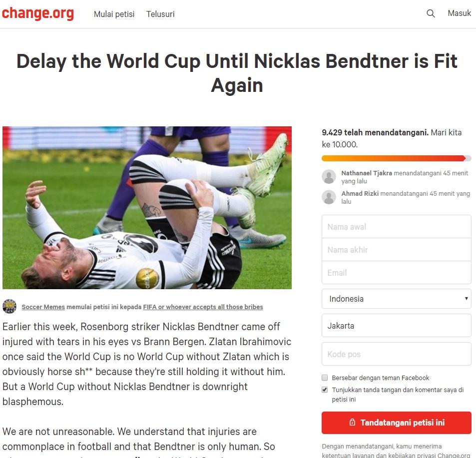 Petisi agar Piala Dunia 2018 ditunda karena Nicklas Bendtner cedera. Copyright: change.org