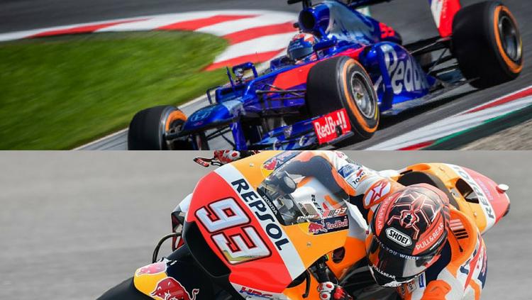 Marc Marquez saat menjajal mobil F1 (atas).