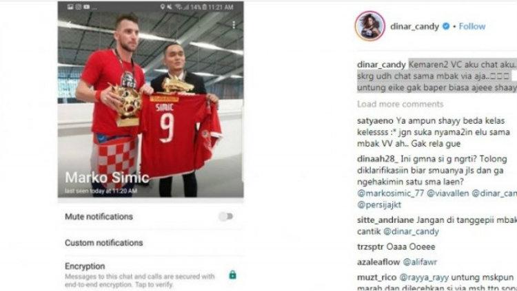 Isi tangkap gambar kala Dinar Candy pernah berkomunikasi dengan Marko Simic yang diunggah di Instagram. Copyright: Istimewa