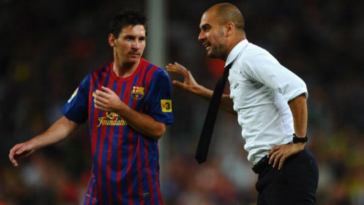 Lionel Messi dan Pep Guardiola saat masih melatih Barcelona. Copyright: Getty Images