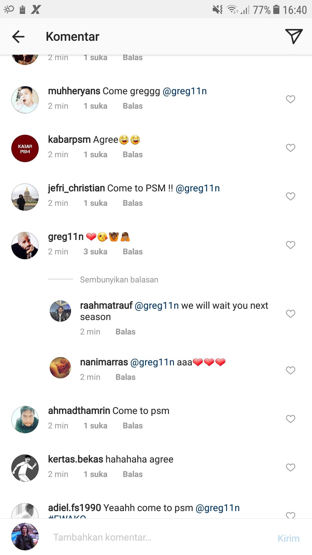 Screenshoot Kemungkinan Greg Nwokolo ke PSM Makassar Copyright: instagram.com/nanimarras/