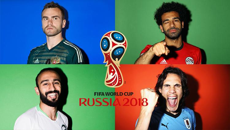 Igor Akinfeev (Rusia), Mohammed Al-Sahlawi (Arab Saudi), Mohamed Salah (Mesir), Edinson Cavani (Uruguay) di Piala Dunia 2018.