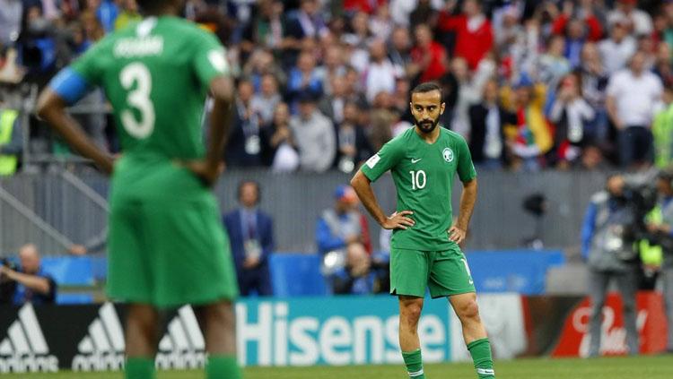 Kesedihan pemain Timnas Arab Saudi saat dikalahkan dengan skor 0-5 oleh Rusia.