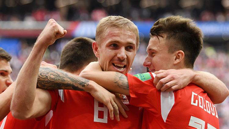 Selebrasi para pemain Rusia VS Arab Saudi di Piala Dunia 2018.