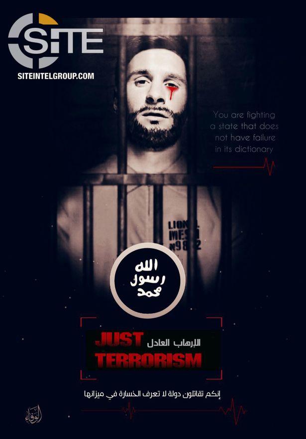 Poster ISIS yang bergambarkan wajah Lionel Messi menangis darah jelang Piala Dunia 2018. Copyright: siteintelgroup.com