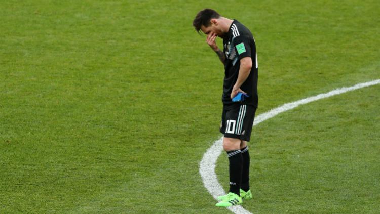 Lionel Messi usai laga Grup D Piala Dunia 2018 antara Argentina vs Islandia yang berakhir imbang, Sabtu (16/06/18).