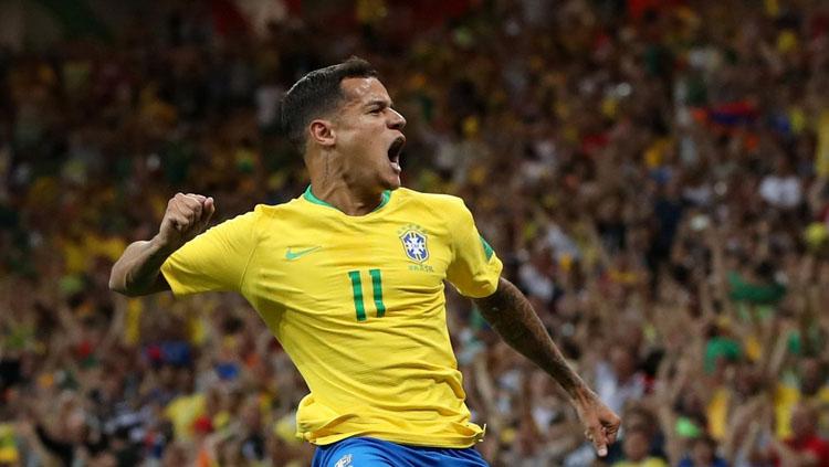 Selebrasi Philippe Coutinho usai membuka keunggulan Brasil atas Swiss di Piala Dunia 2018.