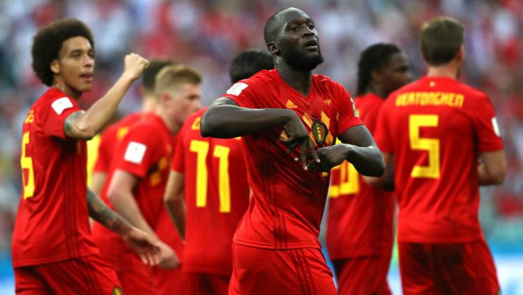 Romelu Lukaku merayakan golnya di laga Grup G Piala Dunia 2018, Belgia vs Panama, Senin (18/06/18) malam.