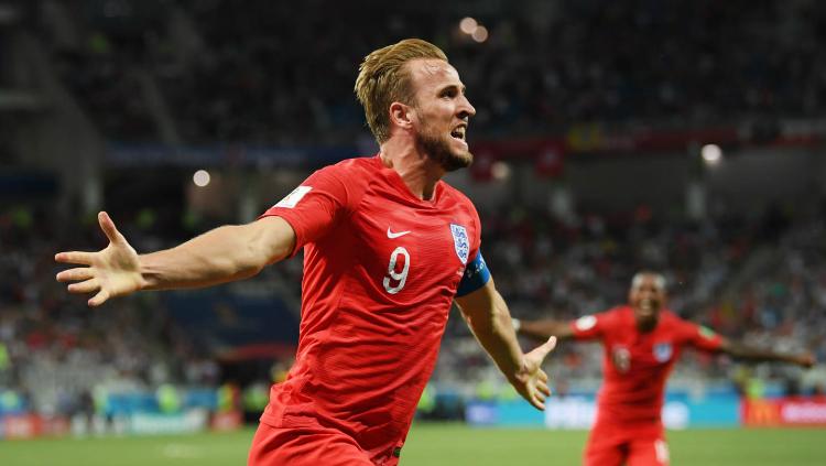 Harry Kane merayakan golnya ke gawang Tunisia dalam laga Grup G Piala Dunia 2018, Selasa (19/06/18).
