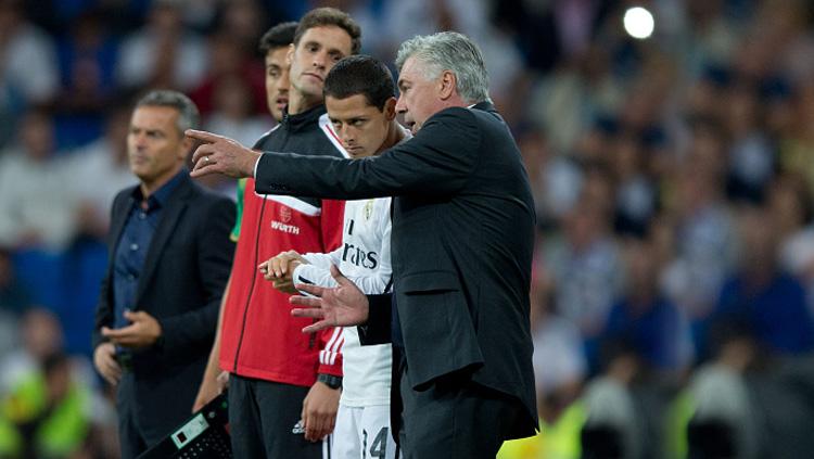 Javier Hernandez dan Carlo Ancelotti saat masih bekerja sama di Real Madrid. Copyright: Getty Images