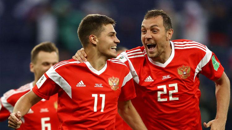 Selebrasi pemain Rusia usai membobol gawang Mesir di Piala Dunia 2018.