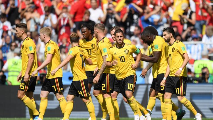 Selebrasi para pemain Timnas Belgia saat Eden Hazard mencetak gol pertama ke gawang Tunisia. - INDOSPORT