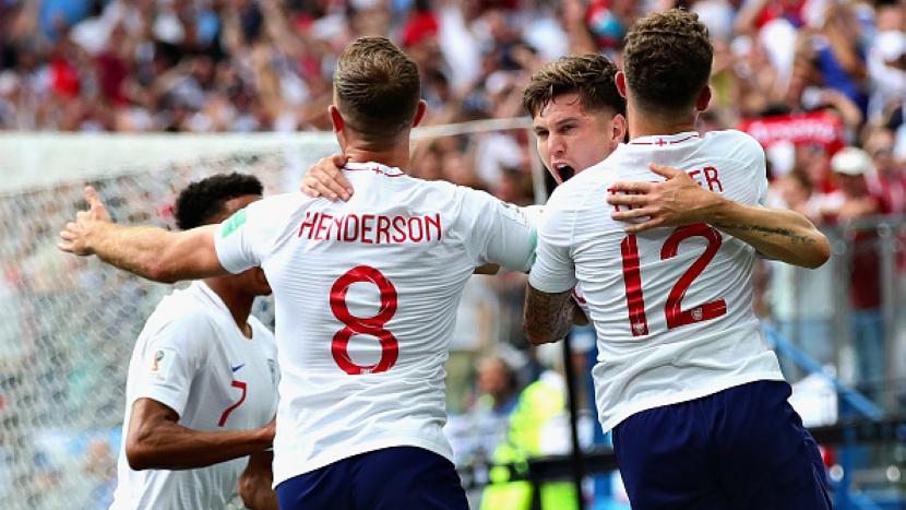 Skuat Inggris merayakan gol John Stones ke gawang Panama Copyright: INDOSPORT