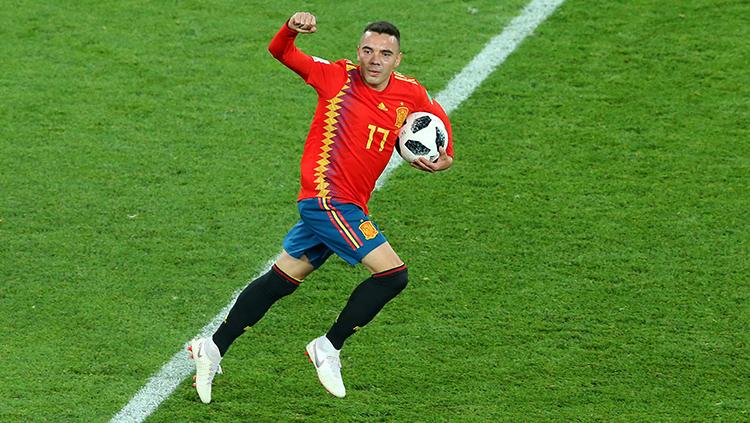 Iago Aspas usai mencetak gol ke gawang Maroko. Copyright: INDOSPORT