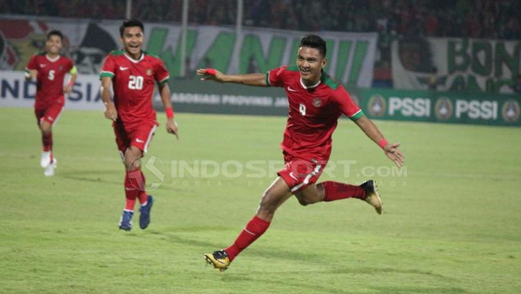 Rafli Mursalim melakukan selebrasi usai mencetak gol ke gawang Singapura pada menit ke-21'.