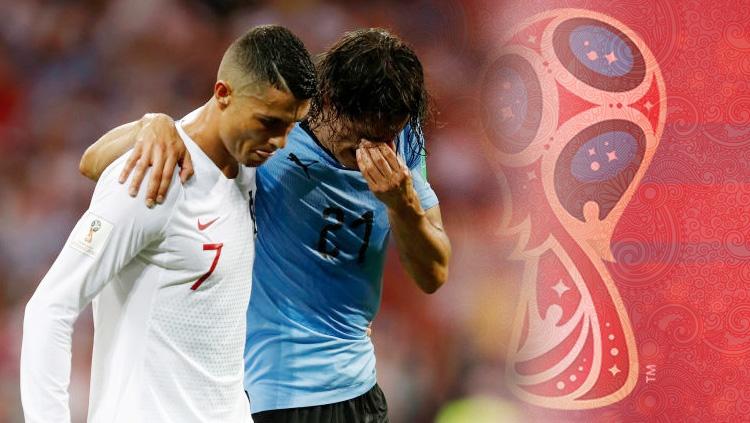 Cristiano Ronaldo tengah membantu Edinson Cavani.