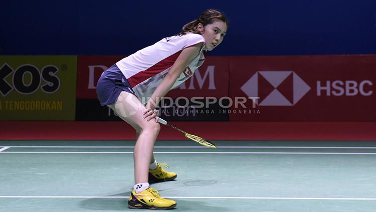 Aya Ohori terlihat kecewa usai lawannya P. V Sindhu meraih poin.