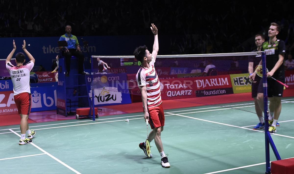 Aksi Kevin Sanjaya usai meraih kemenangan atas ganda Denmark.