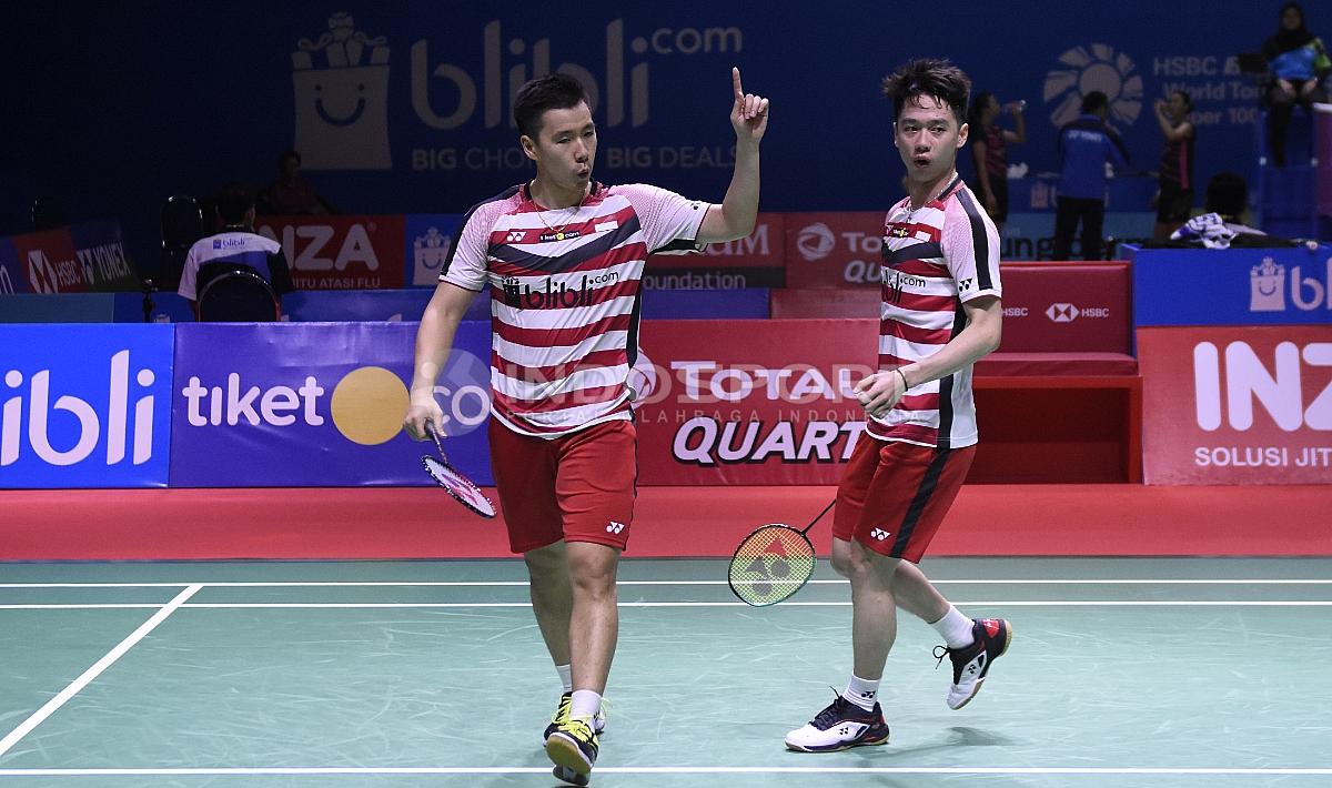 Ekspresi kegembiraan Kevin Sanjaya/Marcus Fernaldi saat mencetak poin pada babak perempat final Blibli Indonesia Open 2018 di Istora Senayan, Jumat (06/07/18).