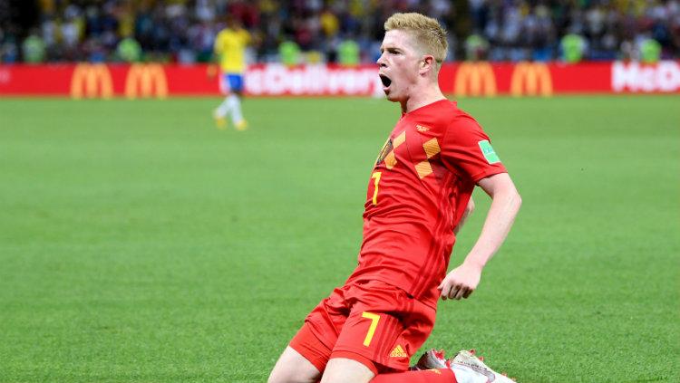 Selebrasi De Bruyne setelah membobol gawang Brasil di perempatfinal Piala Dunia 2018.