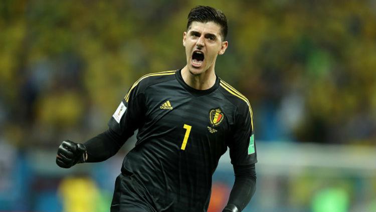 Ekspresi kegembiraan dari kiper Belgia, Thibaut Courtois.