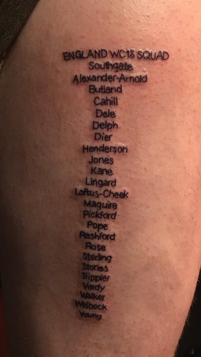 Tato fans Inggris bertuliskan 23 nama pemain yang dibawa Gareth Southgate. Copyright: twitter.com/welchyyyy