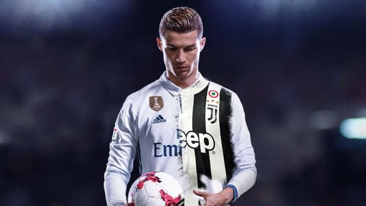 Ilustrasi Cristiano Ronaldo dengan mengenakan jersey Real Madrid dan Juventus.