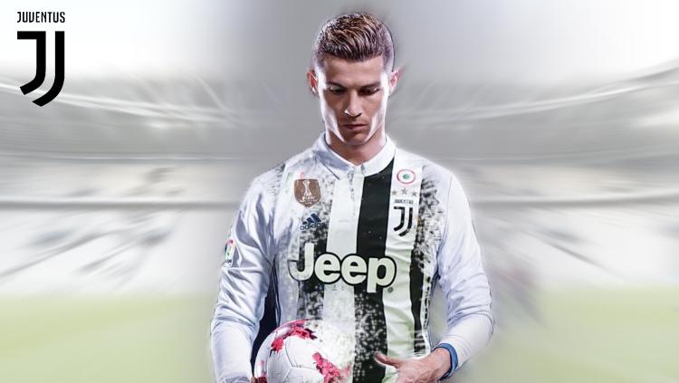 Poster Cristiano Ronaldo bertema jersey Juventus dan Real Madrid.