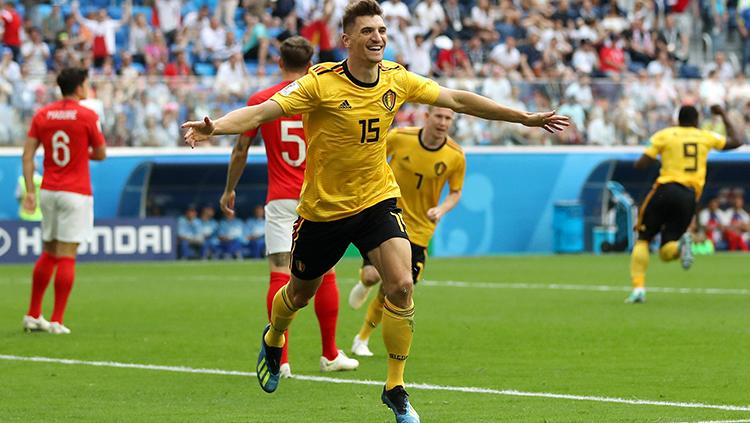Thomas Meunier menjadi pencetak gol pembuka bagi Belgia di laga perebutan juara ketiga Piala Dunia 2018 melawan Inggris. Copyright: INDOSPORT