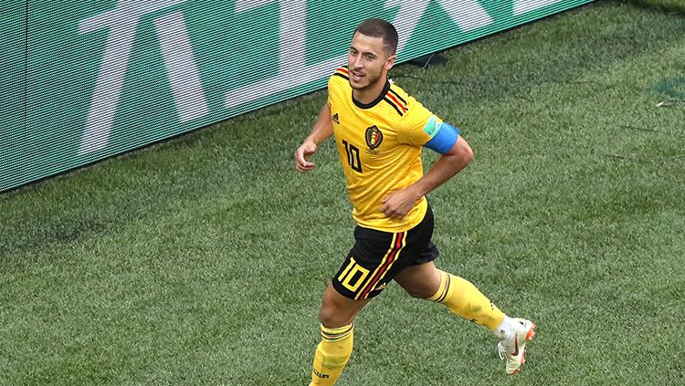Eden Hazard berselebrasi usai memperbesar keunggulan Belgia atas Inggris di babak perebutan juara ketiga Piala Dunia 2018. - INDOSPORT