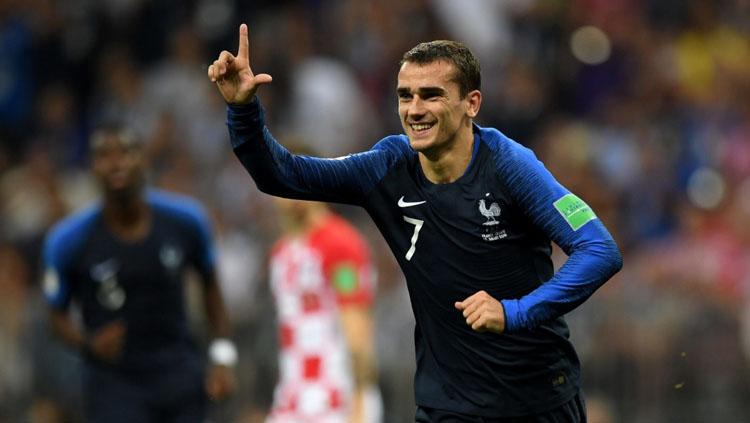 Selebrasi 'L' Antoine Griezmann usai mencetak gol di final Piala Dunia 2018, Minggu (15/07/18) - INDOSPORT