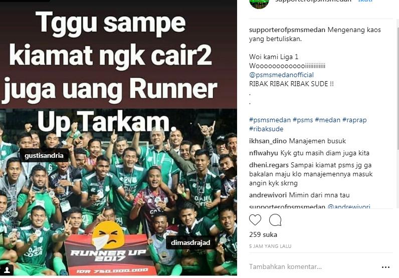 Bebera pemain PSMS Medan menuliskan kekesalannya di media sosial dengan tujuan menagih bayaran dari PSMS Medan. Copyright: Istimewa