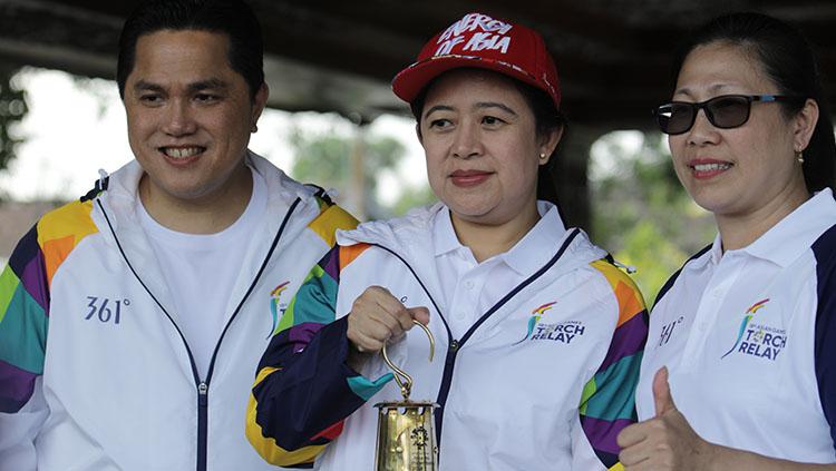 Erick Thohir (kiri), Puan Maharani (tengah) akan melakukan pawai obor Asian Games 2018 di Malang.