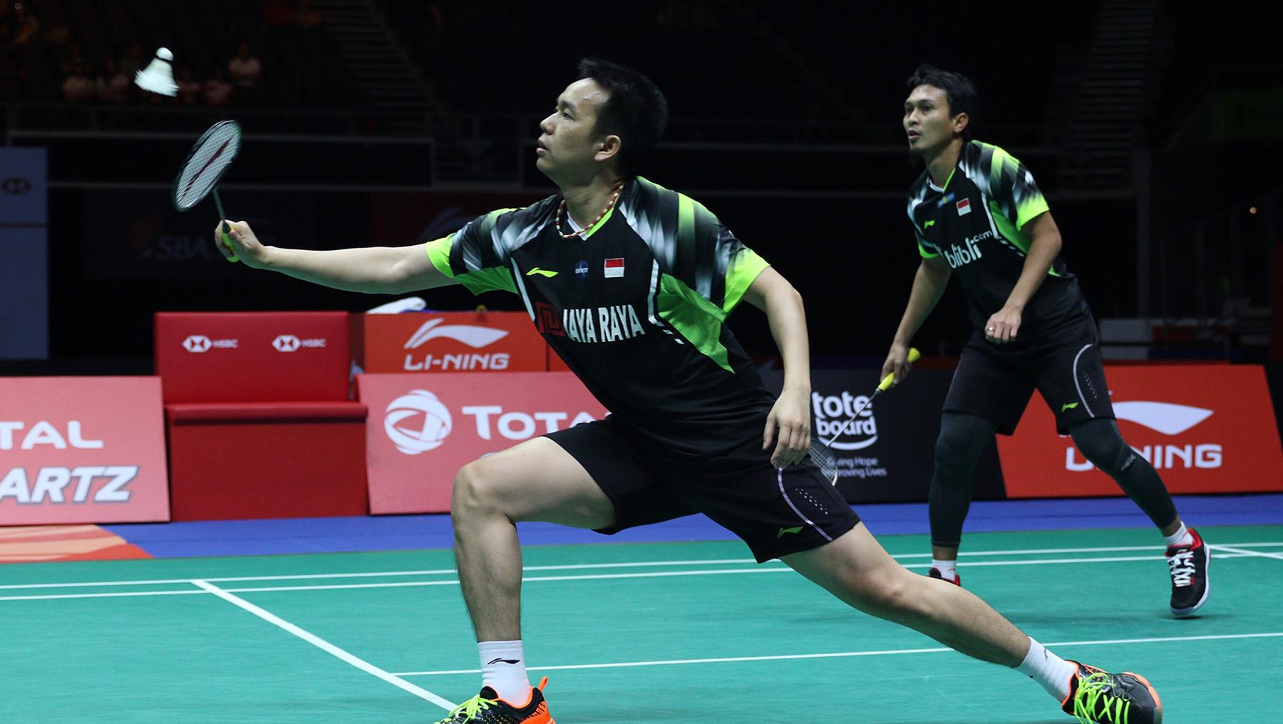 Mohammad Ahsan dan Hendra Setiawan di kejuaraan Singapore Open 2018.
