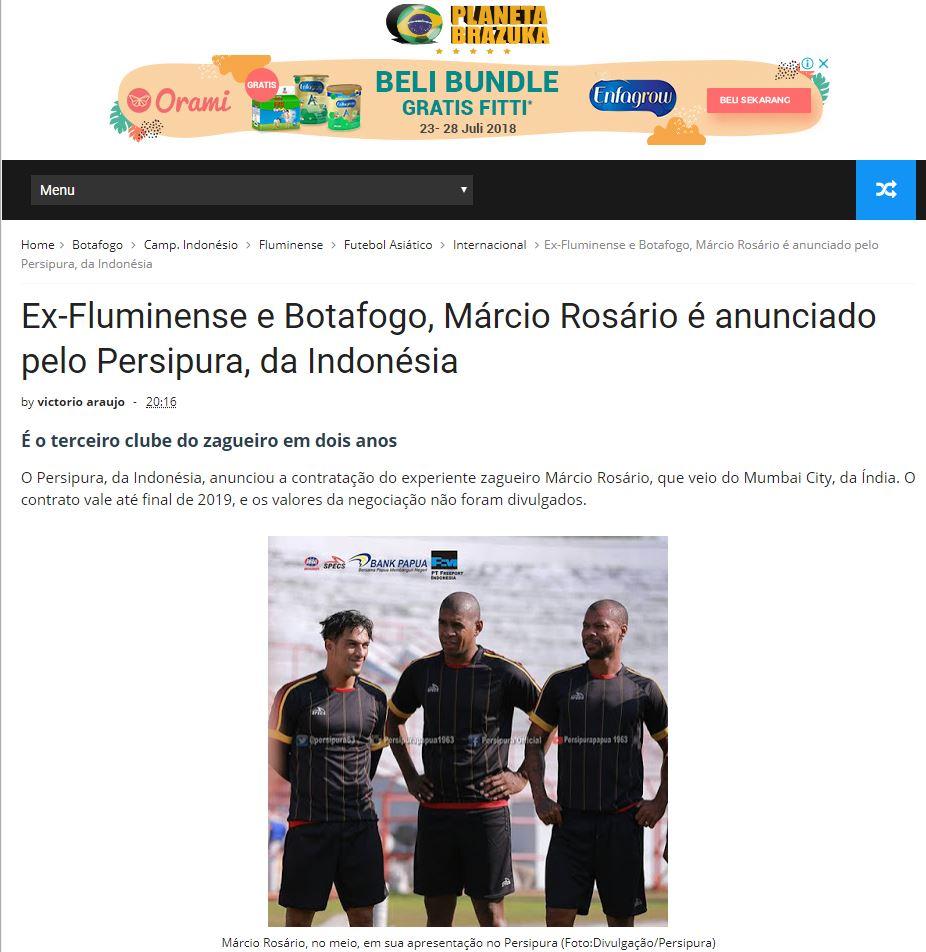 Media Brasil, Planeta Brazuka soroti kepindahan Marcio Nascimento Rosario ke Persipura Jayapura. Copyright: planetabrazuka.com
