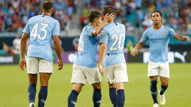 Pemain Manchester City merayakan golnya ke gawang Bayern Munchen.