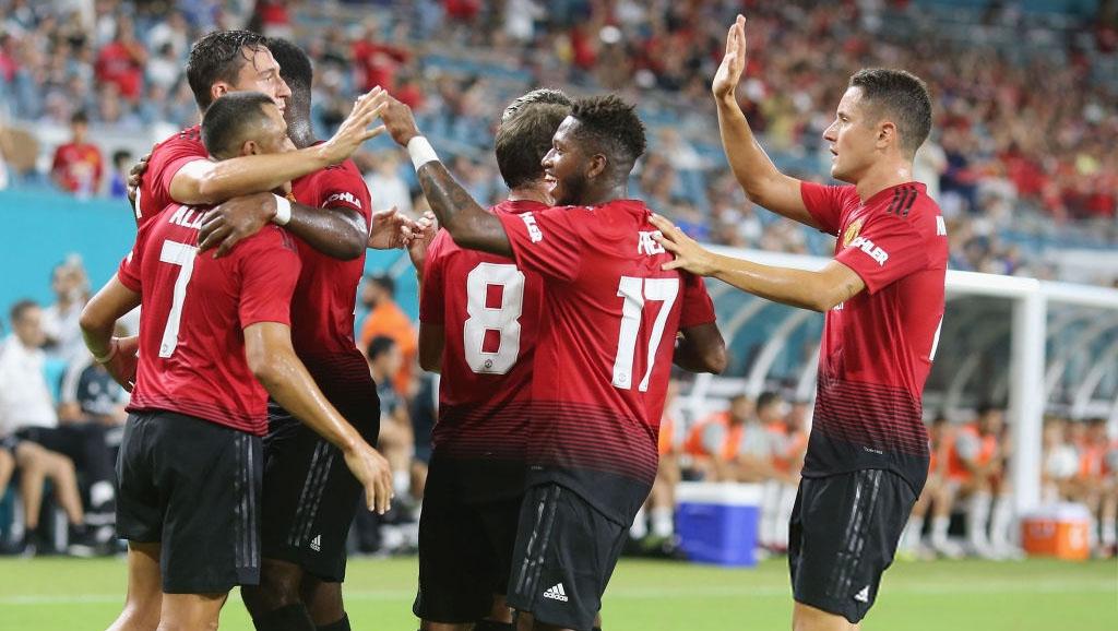 Alexis Sanchez (Manchester United) saat merayakan gol pertamanya dalam pertandingan persahabatan pra-musim antara Manchester United vs Real Madrid di Stadion Hard Rock, Rabu (31/07/18), Florida.